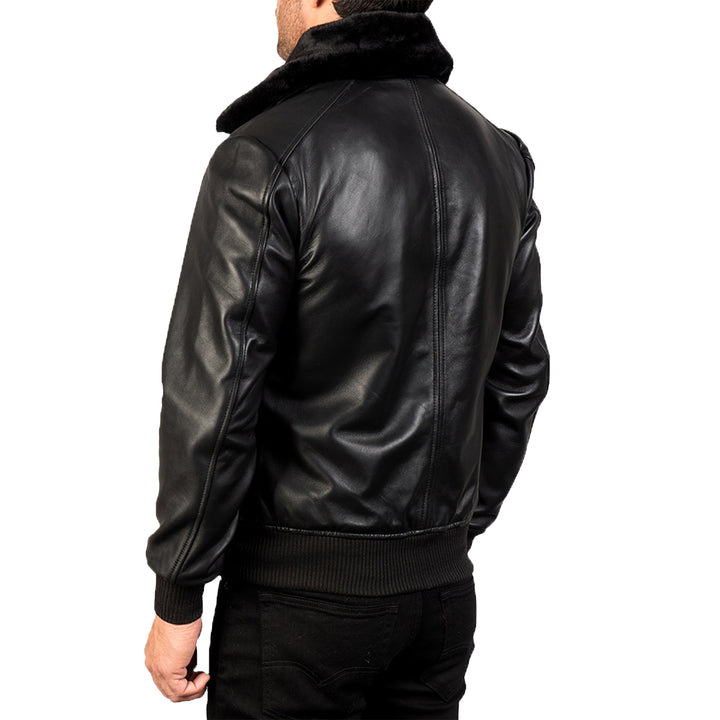 Lush Wear mens shearling leather bomber jacket in black with ribbed cuffs and waistband