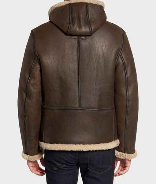 Back view of men's shearling leather jacket in brown with hood and cream fur trim by Lush Gear