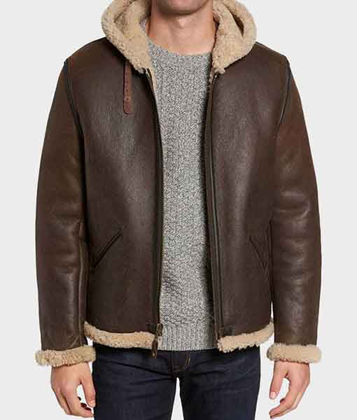 Men's shearling leather jacket by Lush Gear in dark brown with beige fur lining and hood