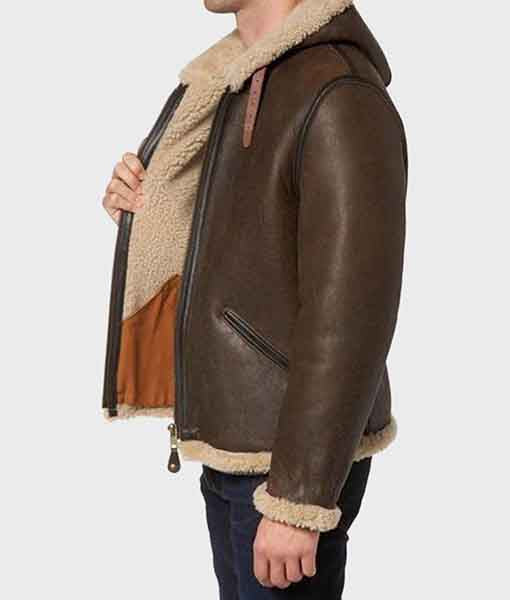 Lush Gear men's shearling leather jacket in dark brown with soft beige lining and zipper closure