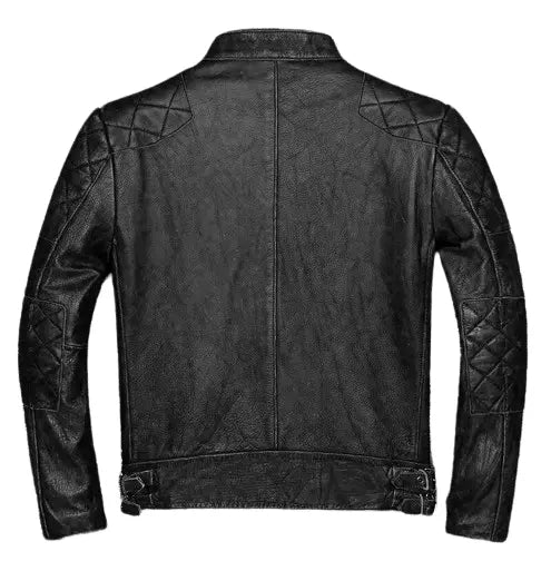 Back view of men's slim fit black leather biker jacket by Lush Gear with quilted detailing on shoulders and sleeves