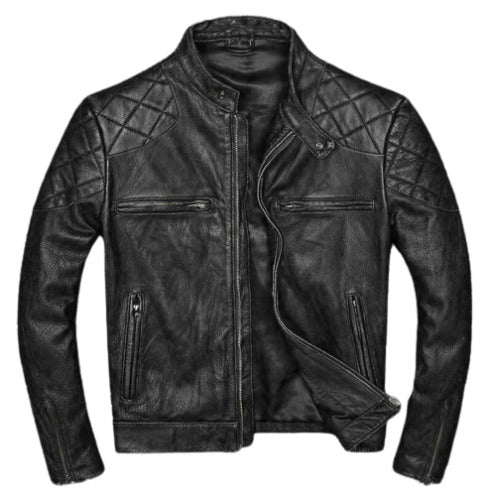 Men's slim fit black leather biker jacket with quilted shoulder design and zippered pockets