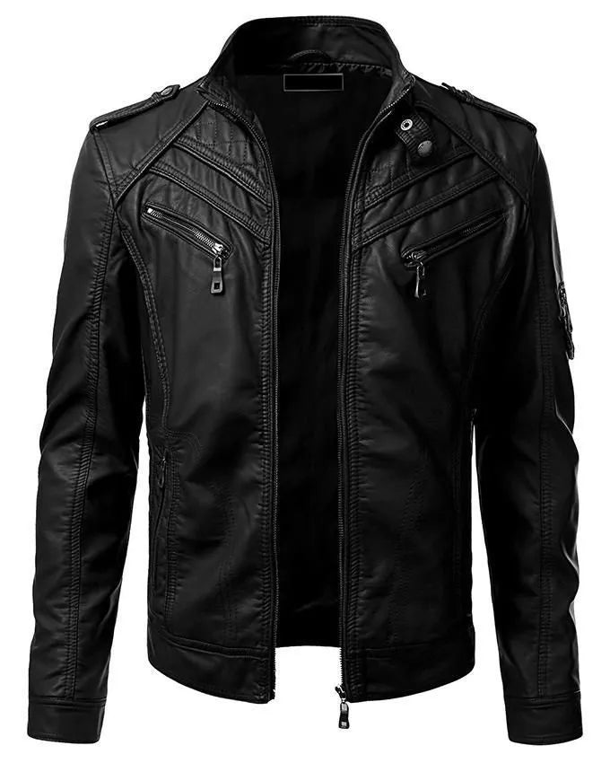 Lush Gear men's slim fit PU leather jacket in black with zippered pockets and stand collar