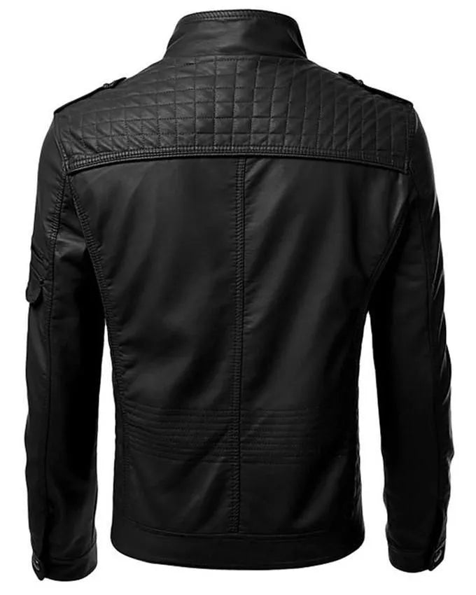 Back view of men's slim fit PU leather jacket in black with quilted shoulder design by Lush Gear