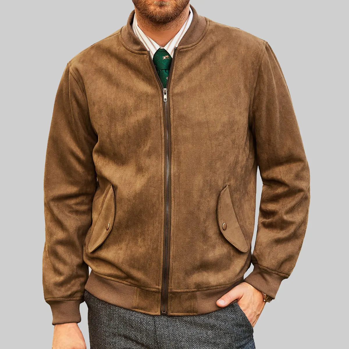 Lush Gear men's suede bomber jacket in brown with front zipper and buttoned pockets