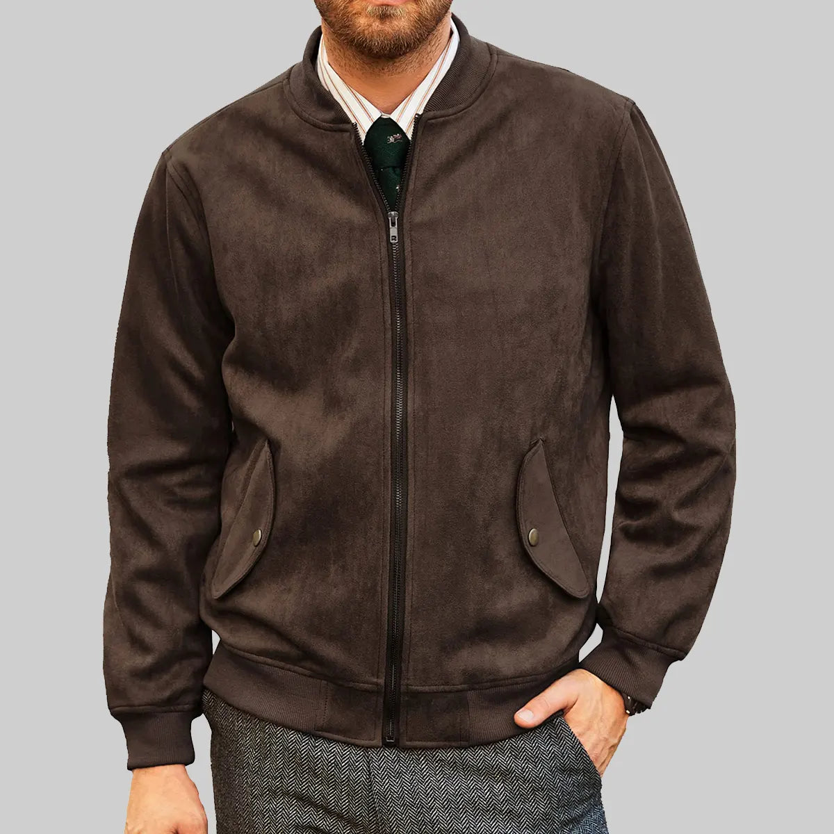 Lush Gear men's suede bomber jacket in dark brown with front zipper and side pockets