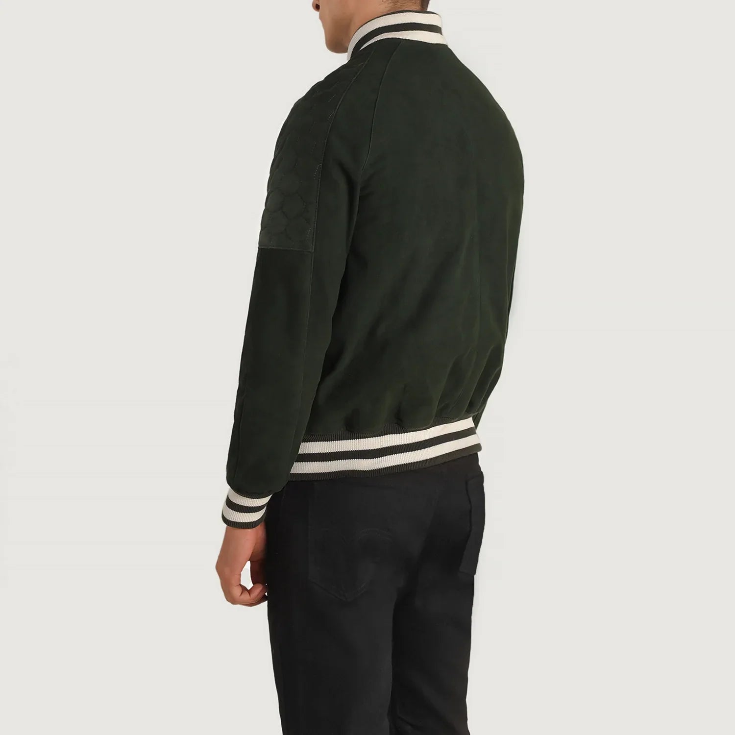 Lush Gear men's suede bomber jacket in dark green with striped collar and cuffs shown from the back