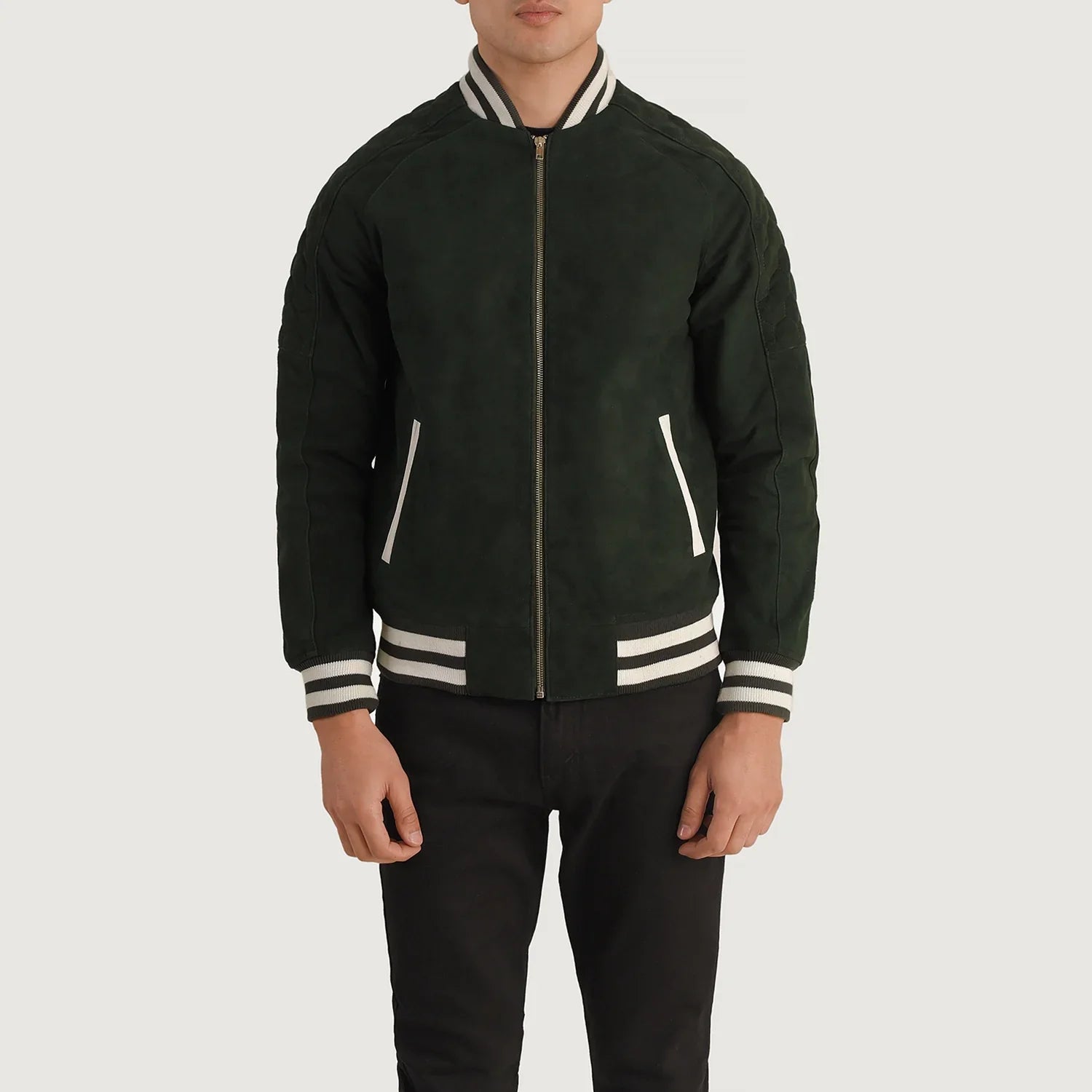 Men wearing black men's suede bomber jacket with white striped cuffs and collar by Lush Gear