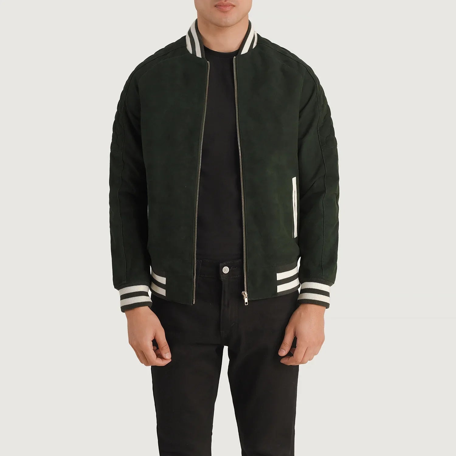 Lush Gear men's suede bomber jacket in dark green with striped collar and cuffs