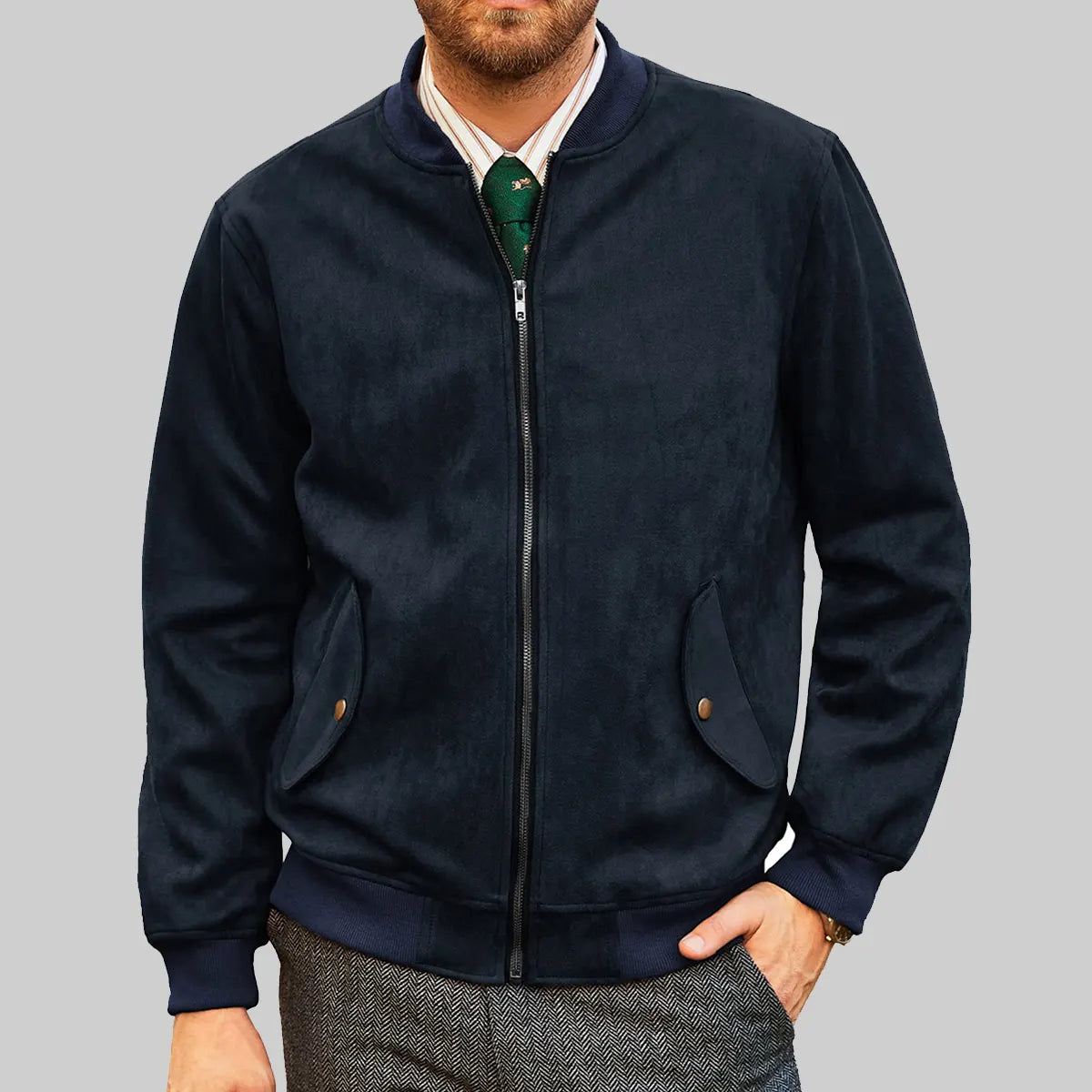 Lush Gear men's suede bomber jacket in navy blue with zipper front and flap pockets