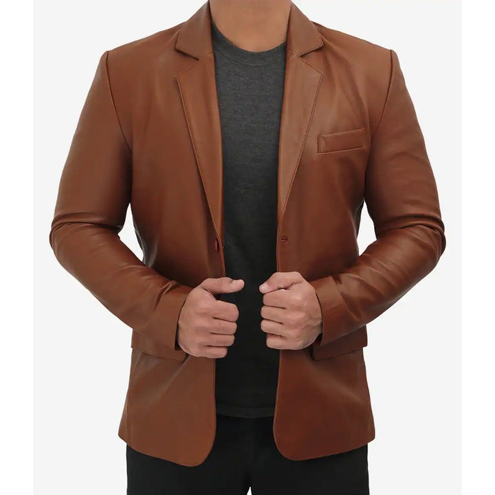 Men's tan leather blazer by Lush Gear styled over a black shirt with front button closure