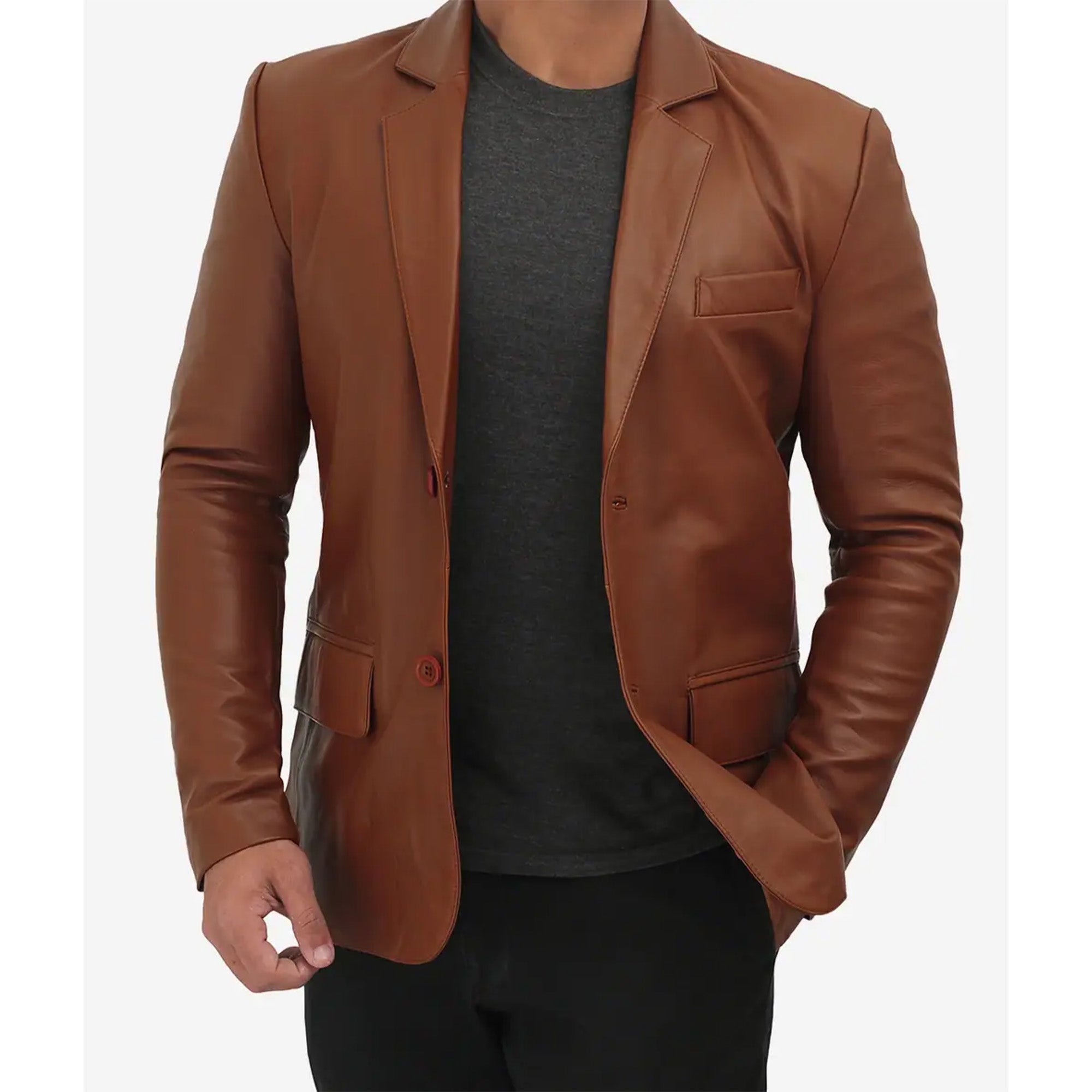 Men's tan leather blazer by Lush Gear featuring a classic two-button design with front pockets