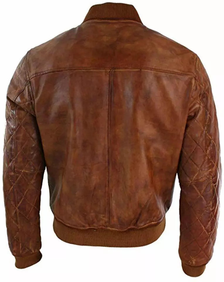 Back view of men's vintage cafe racer leather jacket in brown with quilted sleeves and ribbed cuffs by Lush Gear