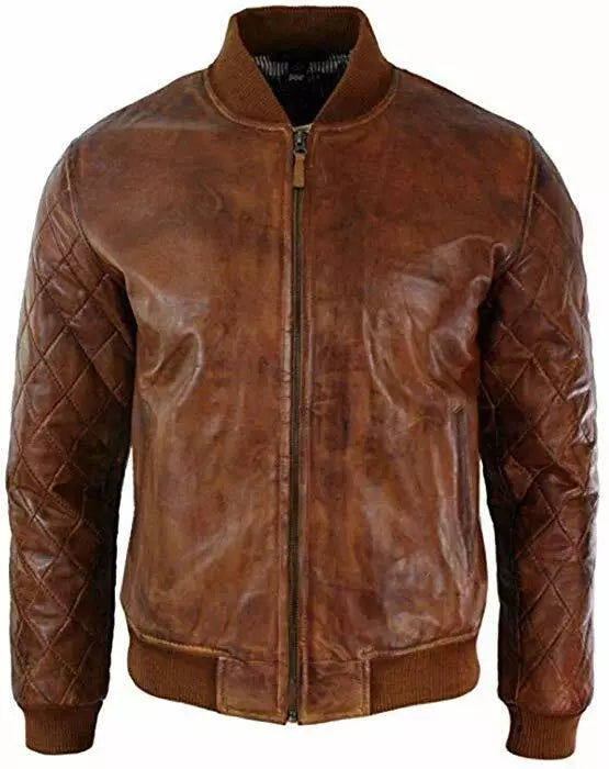 Lush Gear men's vintage cafe racer leather jacket in brown with quilted sleeves and zip front
