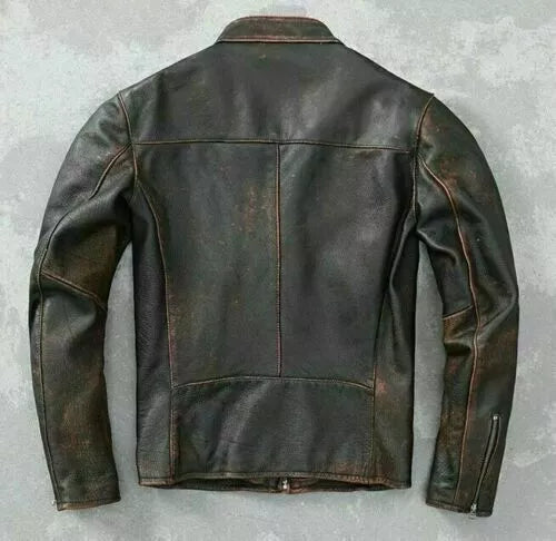 Back view of mens vintage distressed leather motorcycle jacket by Lush Gear with worn brown detailing