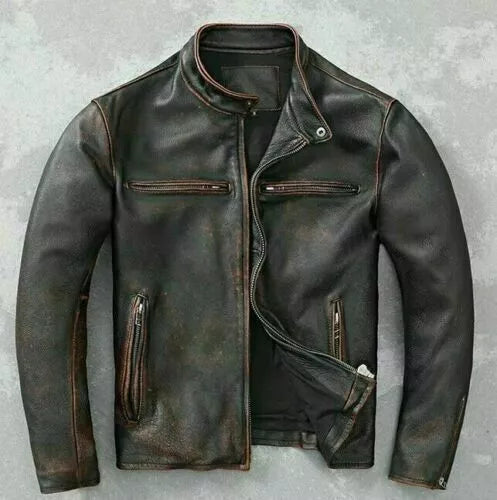Lush Gear mens vintage distressed leather motorcycle jacket in black with zippered pockets and stand collar