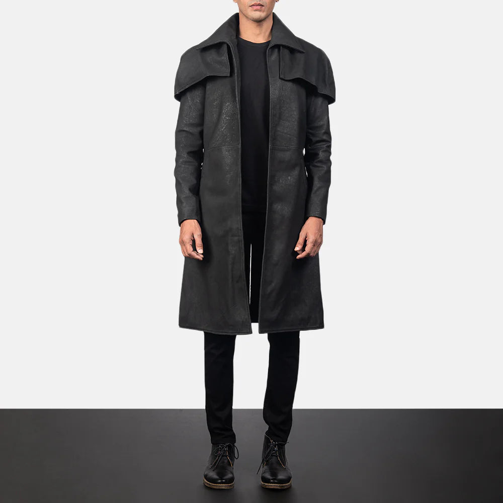 Lush Gear men's vintage leather long coat in black with wide collar and long sleeves