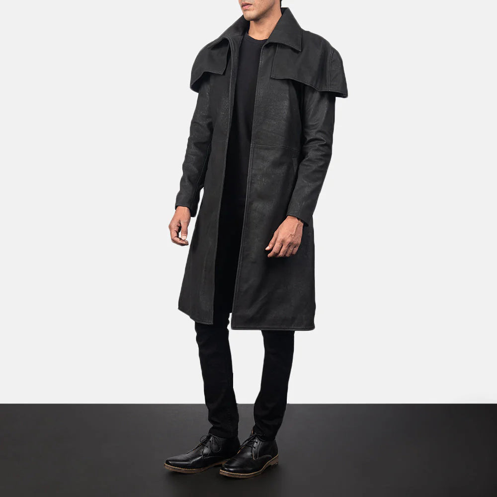 Men wearing men's vintage leather long coat in black by Lush Gear with wide collar and sleek design
