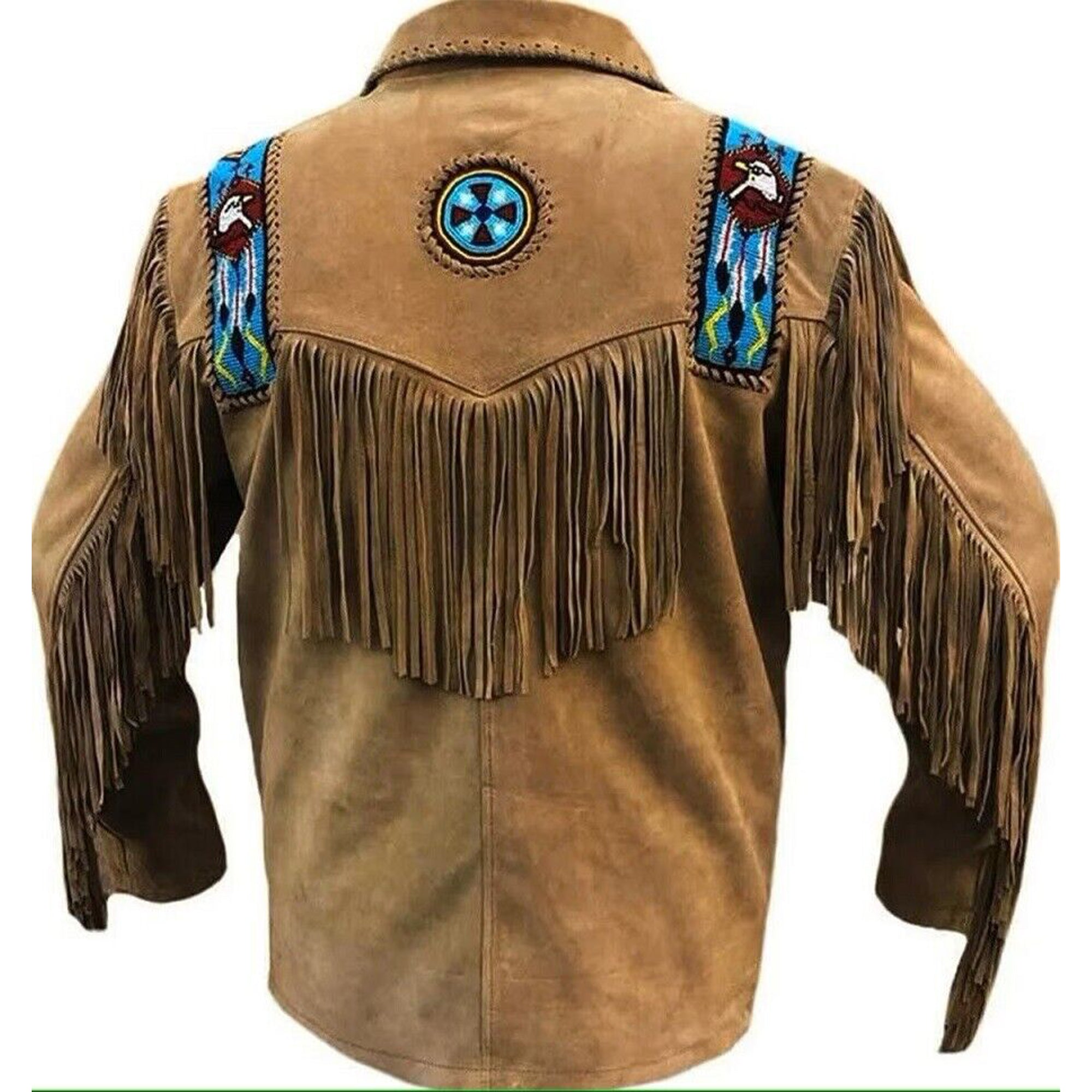 Lush Wear men's western suede fringe jacket with detailed beadwork and long fringe on back and sleeves