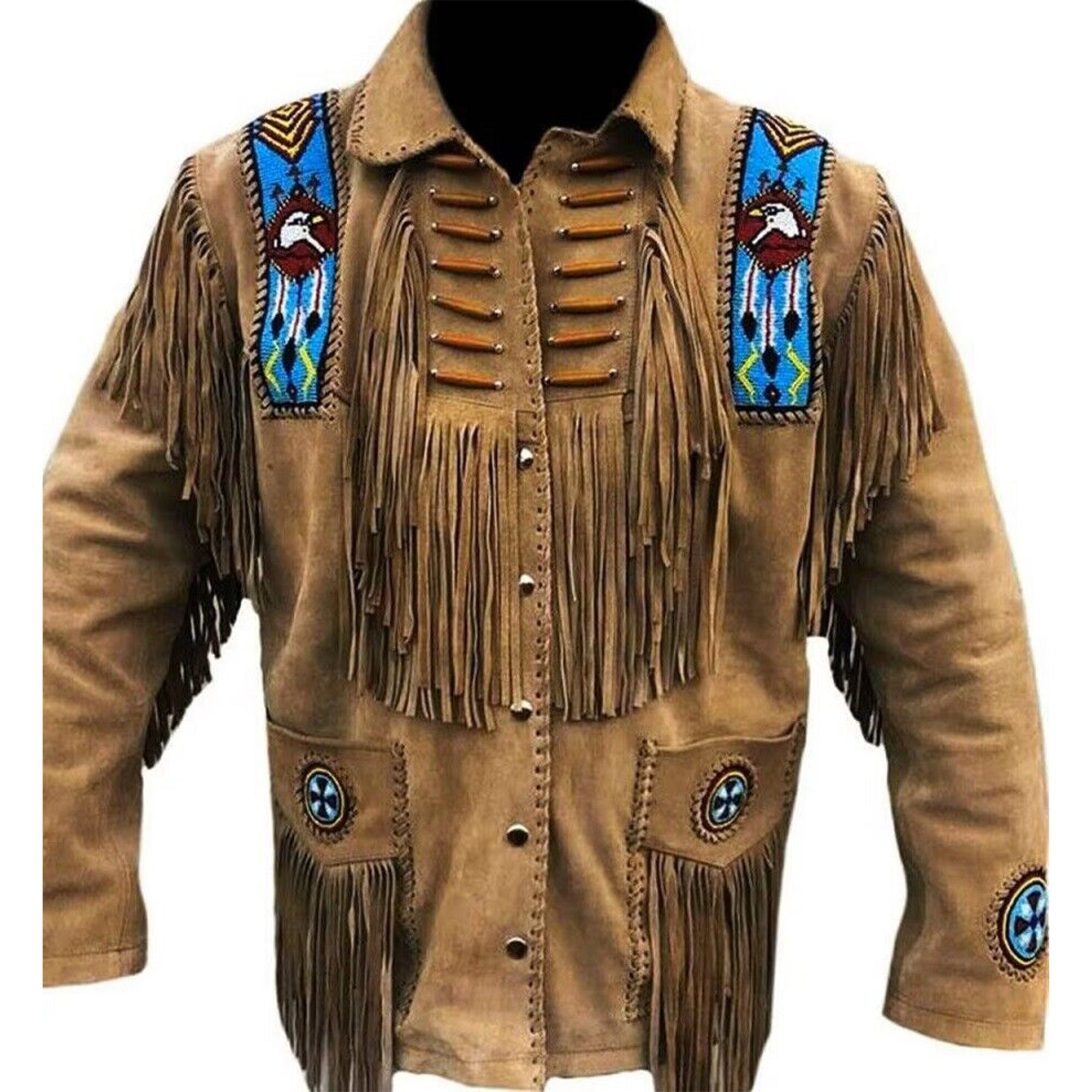 Lush Wear men's western suede fringe jacket with blue embroidered eagle patches and decorative fringes
