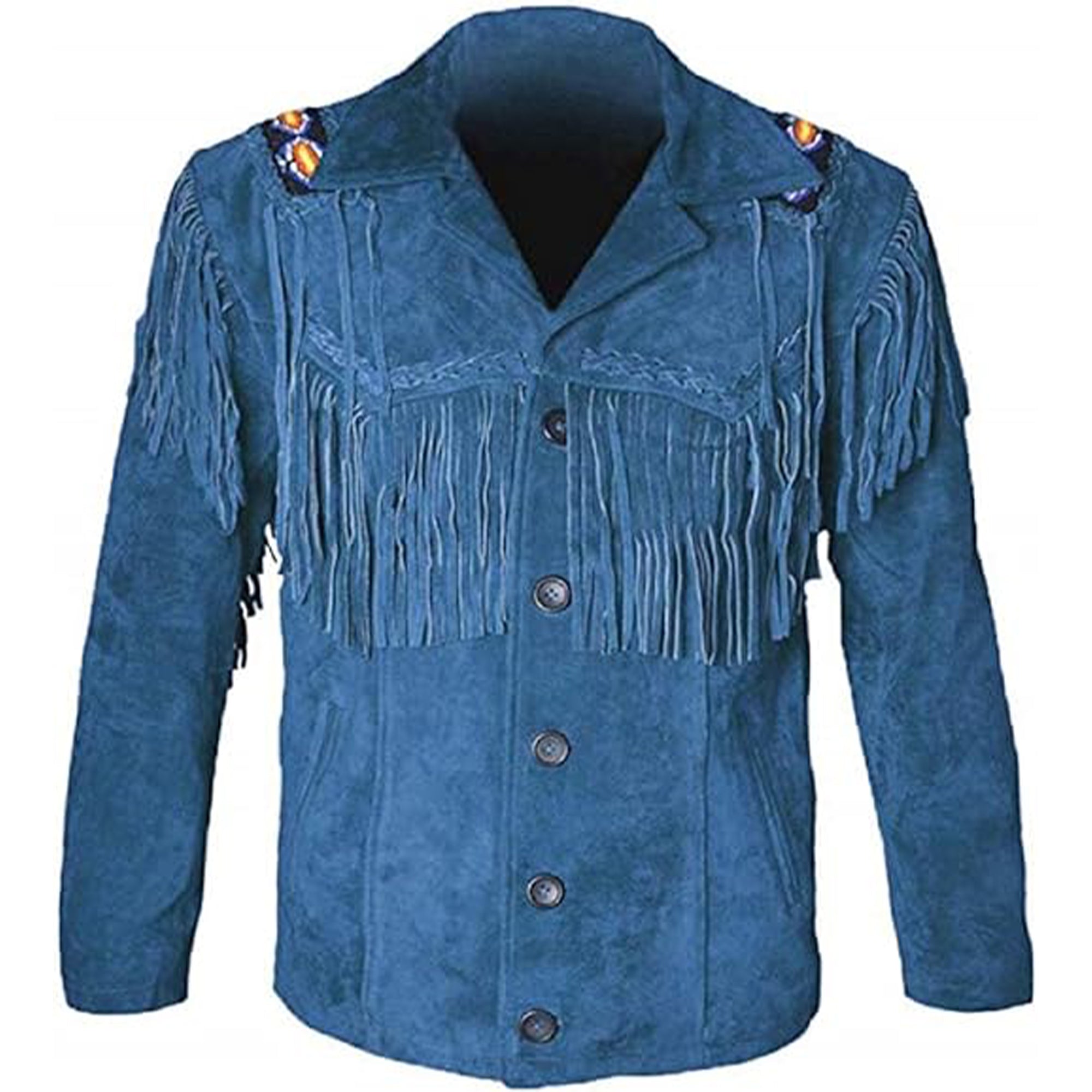 Lush Gear men's western suede jacket in blue with fringe detailing and button closure