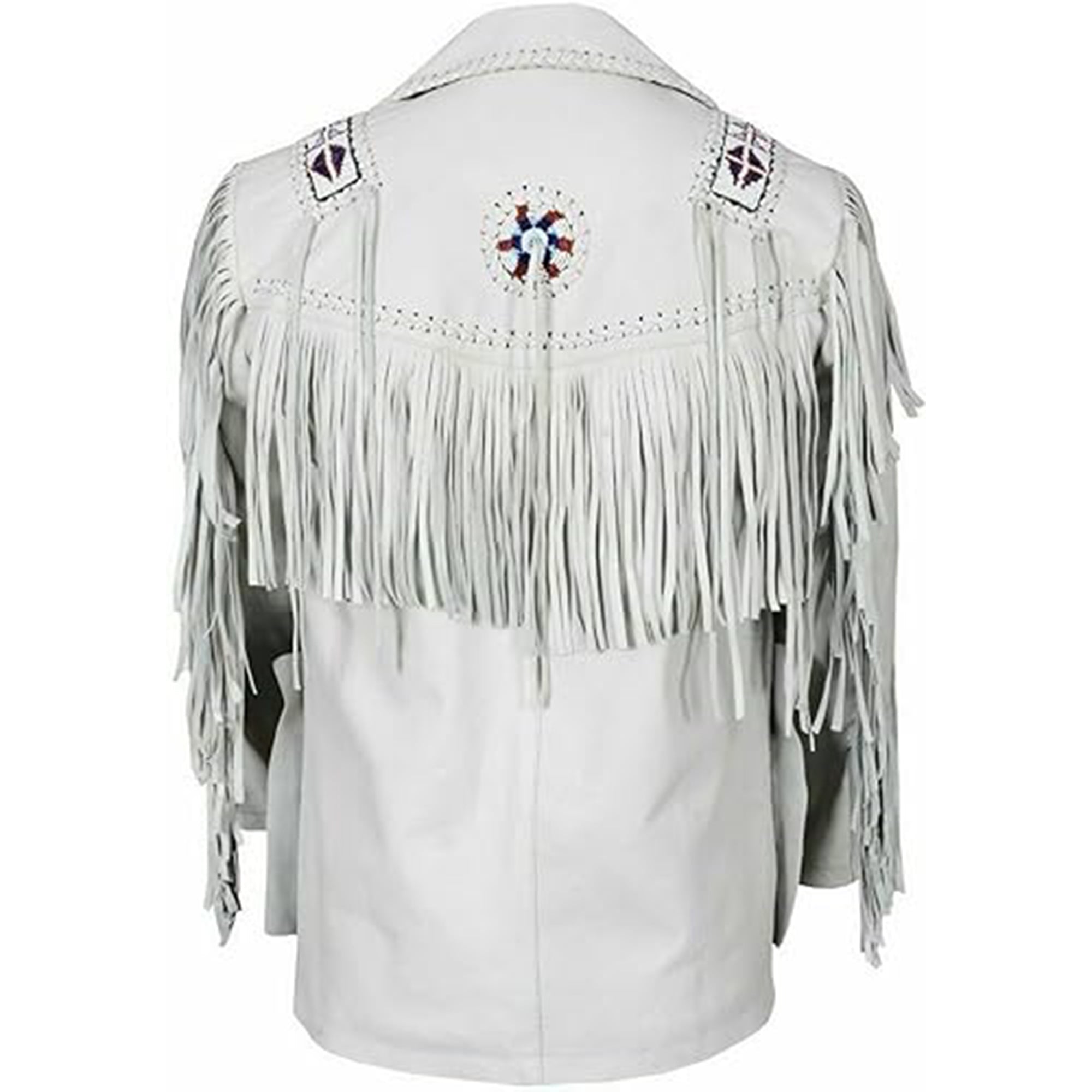 Back view of men's white fringe leather cowboy jacket with detailed stitching and fringe from Lush Gear