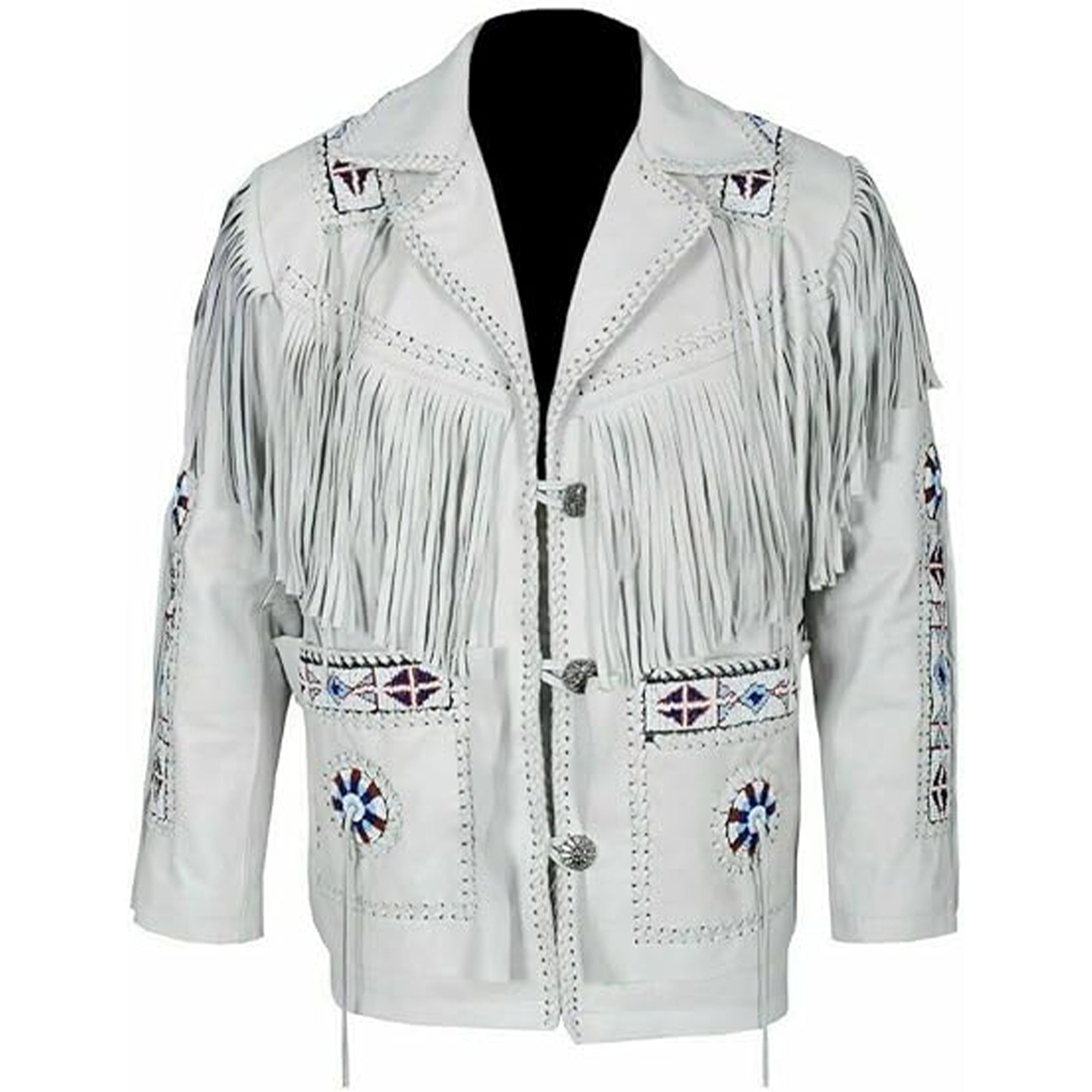 Lush Gear men's white fringe leather cowboy jacket with decorative beadwork and silver buttons