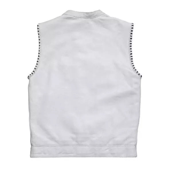 Back view of Men's White Leather Vest Black Paisley Lining & Thread Concealed Waistcoat by Lush Wear