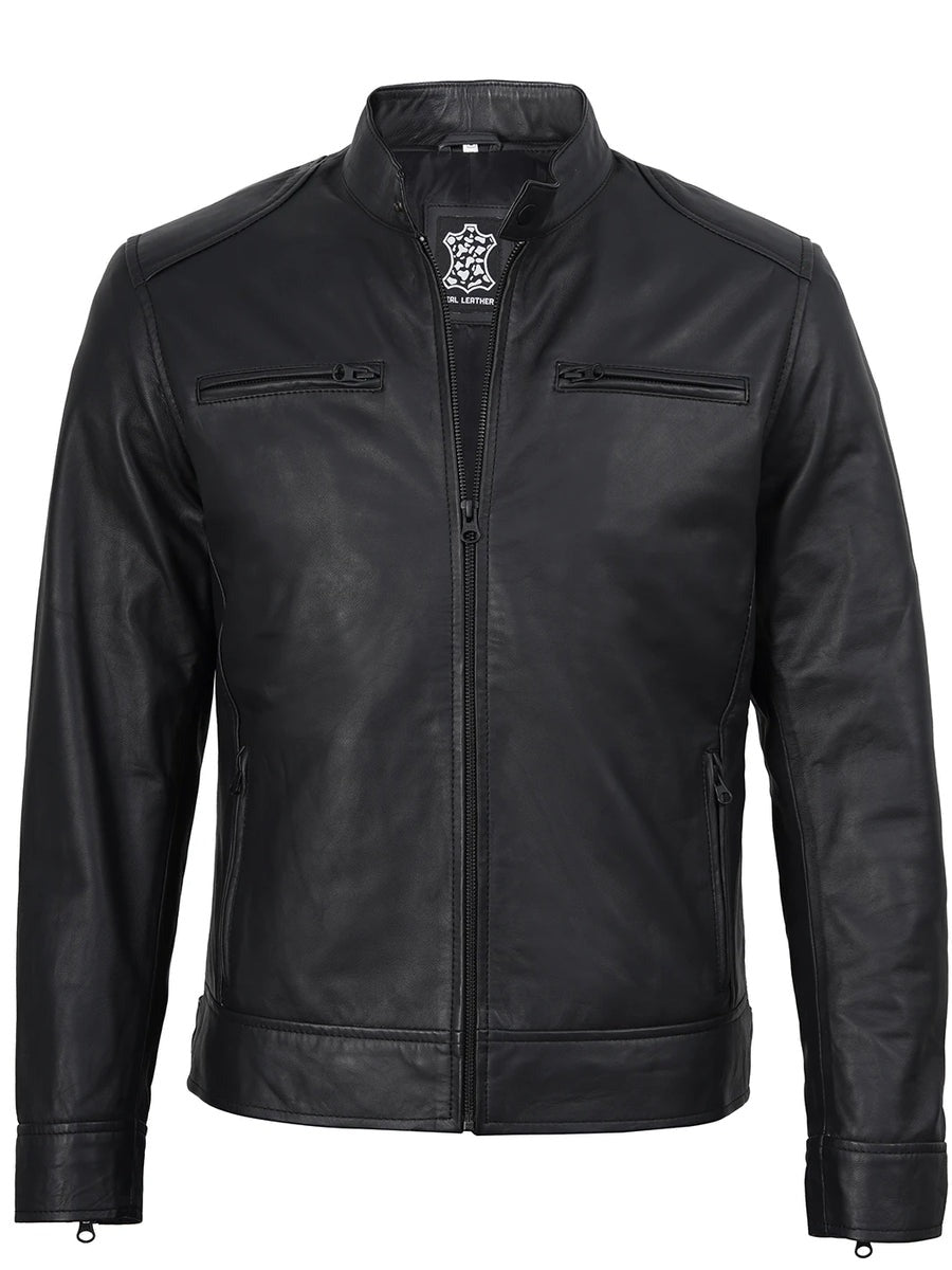 Men's Matte Black Cafe Racer Style Leather Jacket