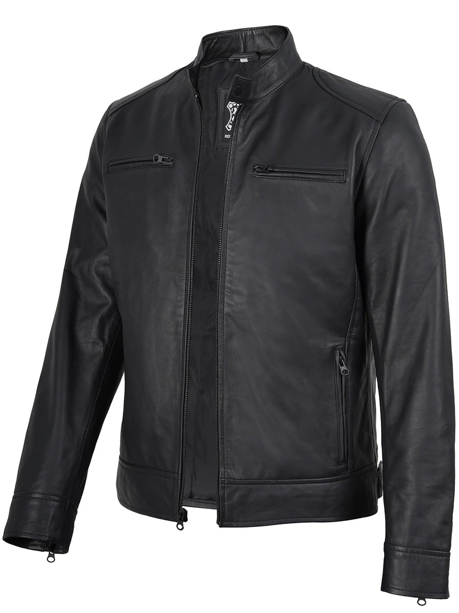 Men's Matte Black Cafe Racer Style Leather Jacket
