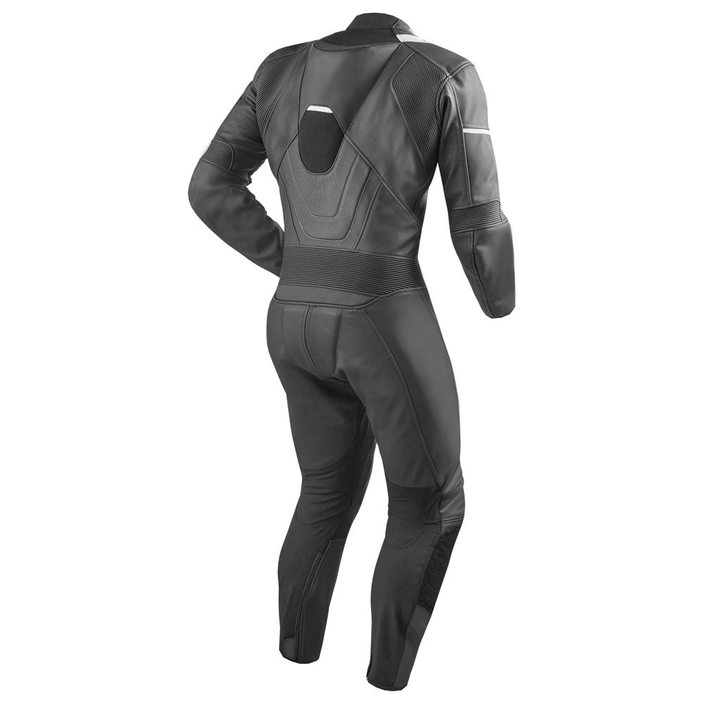 Lush Gear black motorbike leather suits showing back view with protective padding and sleek design