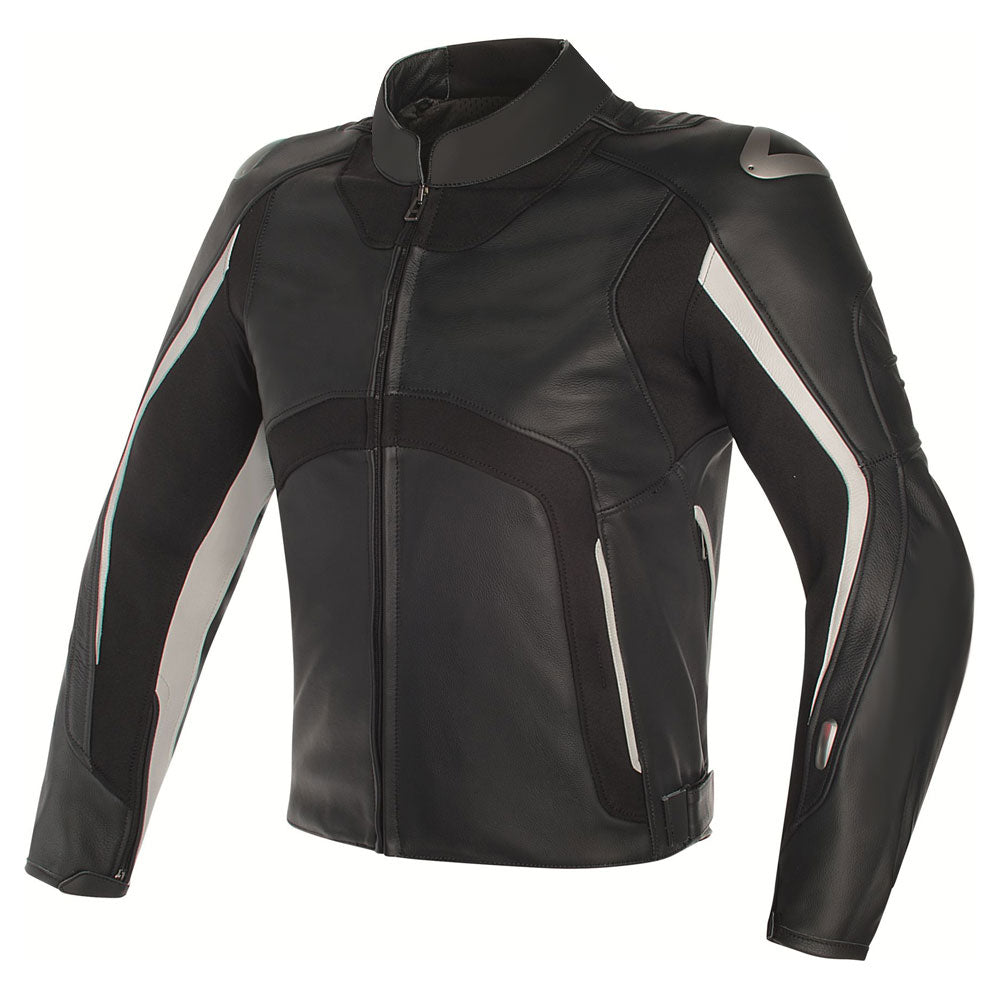 Black motorbike leather suits jacket with white stripes and padded shoulders by Lush Gear