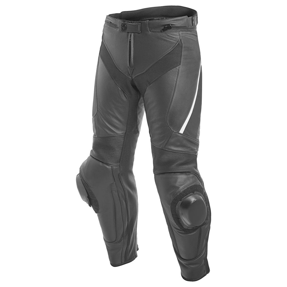 Black leather motorbike leather suits pants with knee protection and zippered closure