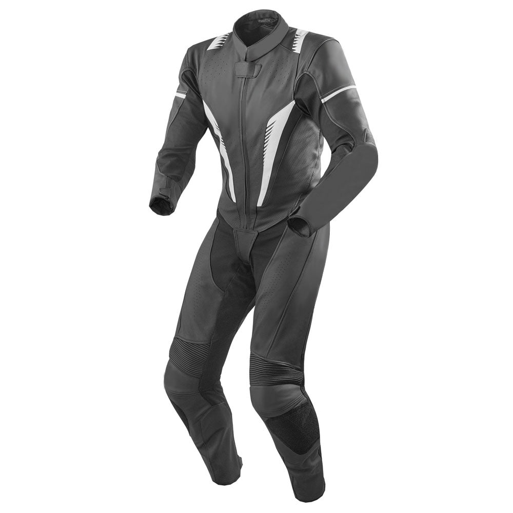 Lush Gear black and white motorbike leather suits with protective padding and aerodynamic design
