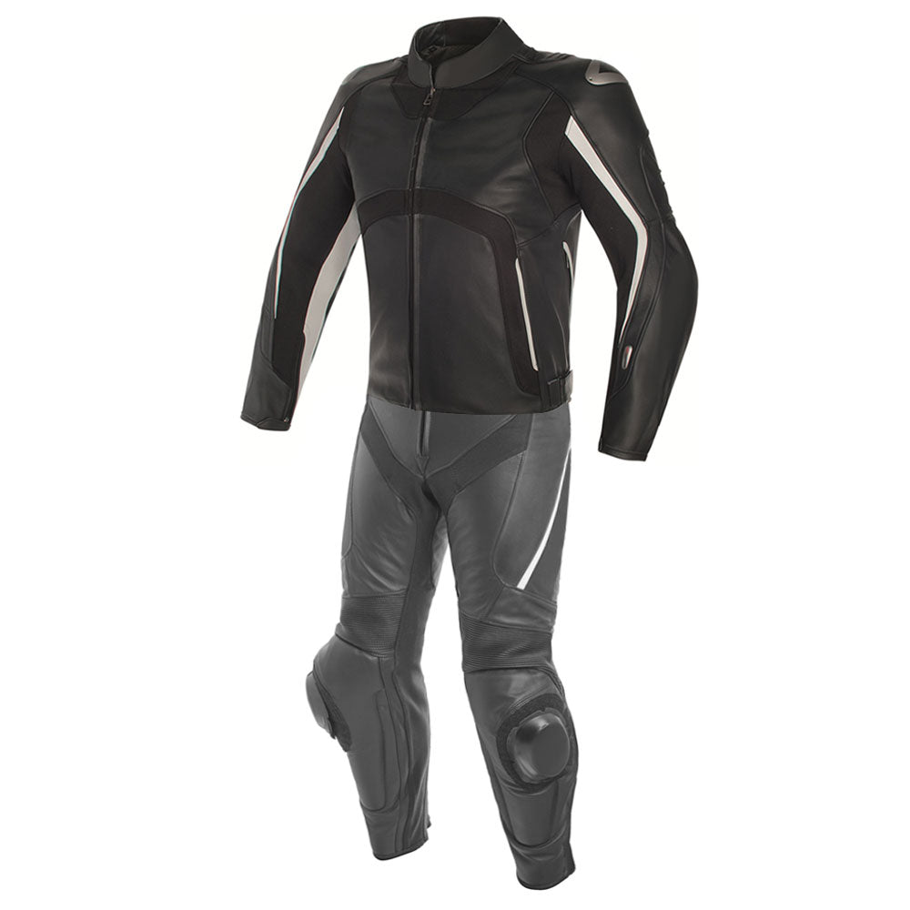 Lush Gear black and gray motorbike leather suits with protective padding and white accents