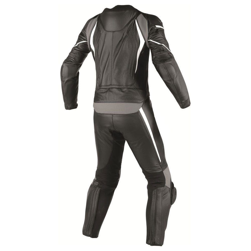 Lush Gear black and white 1 piece motorcycle suit shown from the back with protective padding