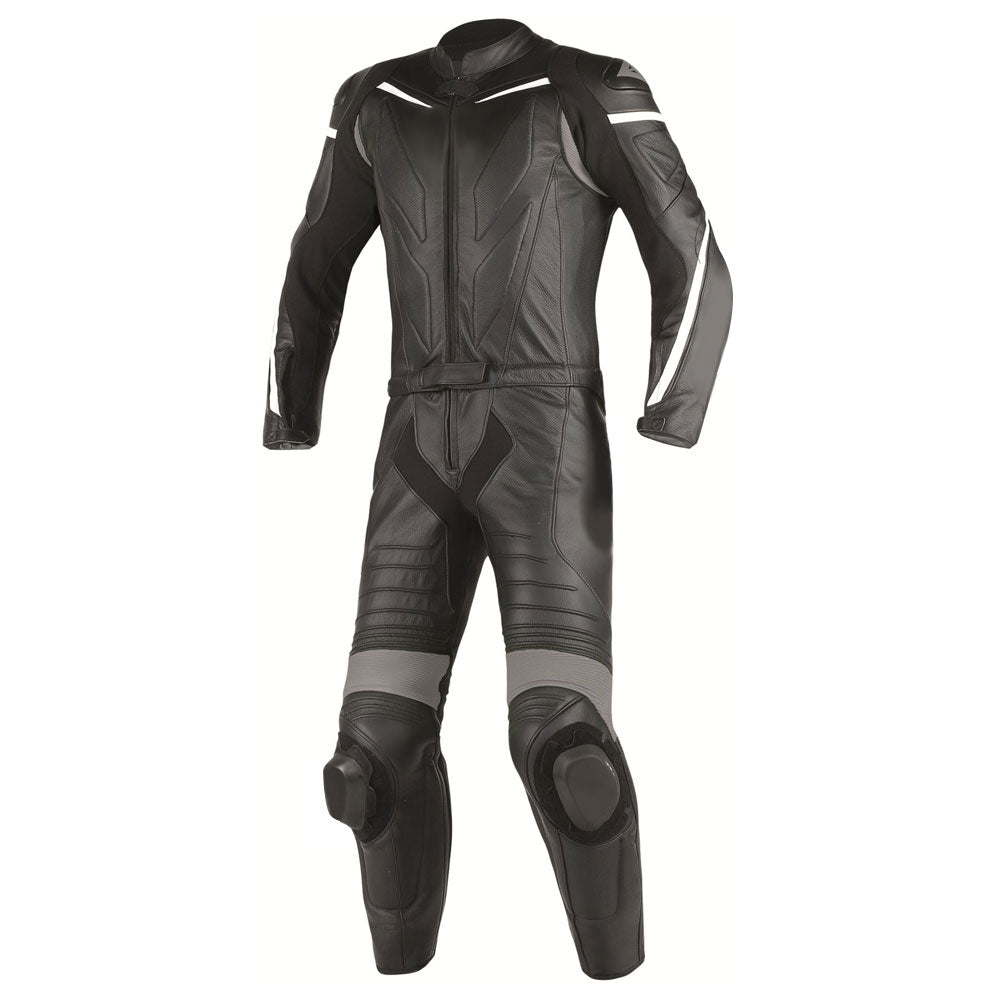 Black and gray Lush Gear 1 piece motorcycle suit with protective padding and sleek design