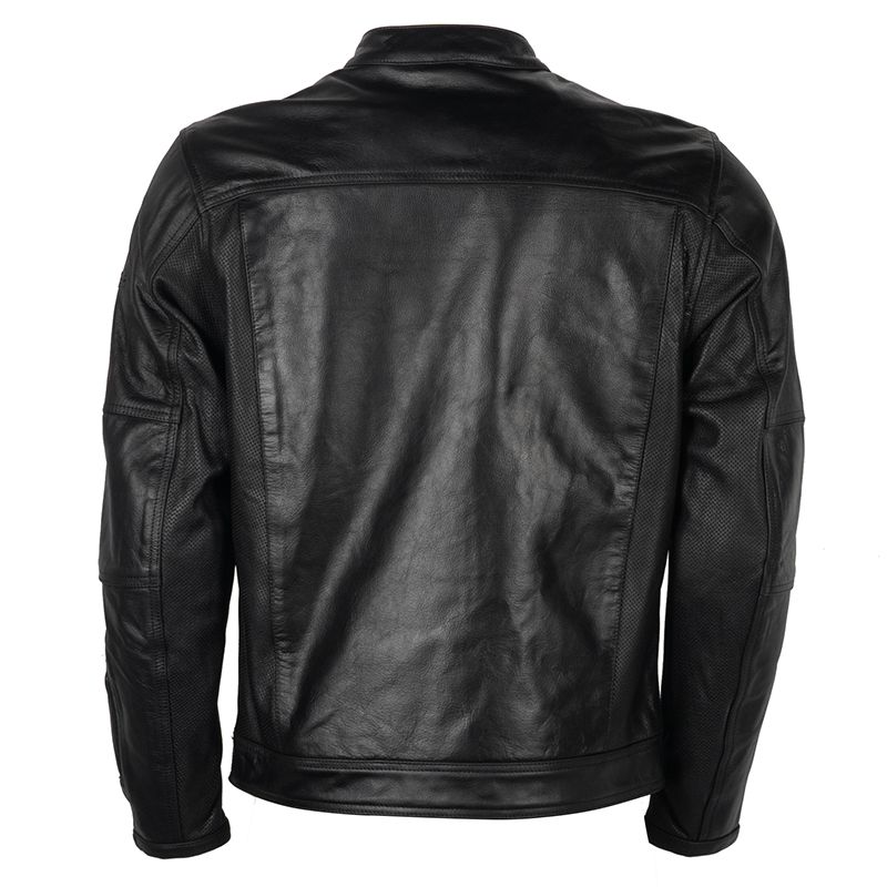 Lush Wear black motorcycle leather jacket shown from the back with detailed stitching and durable leather material