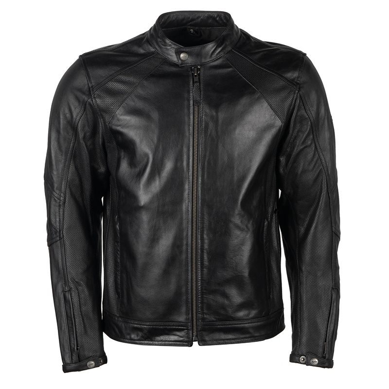 Black motorcycle leather jacket from Lush Wear with zip front and snap collar