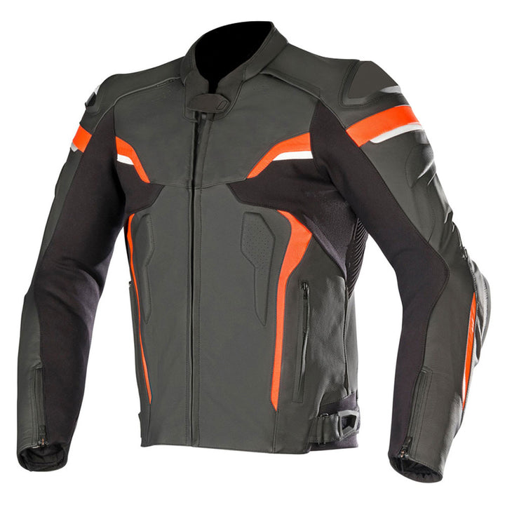 Lush Gear motorcycle leather jacket in black with orange and white accents and zippered front