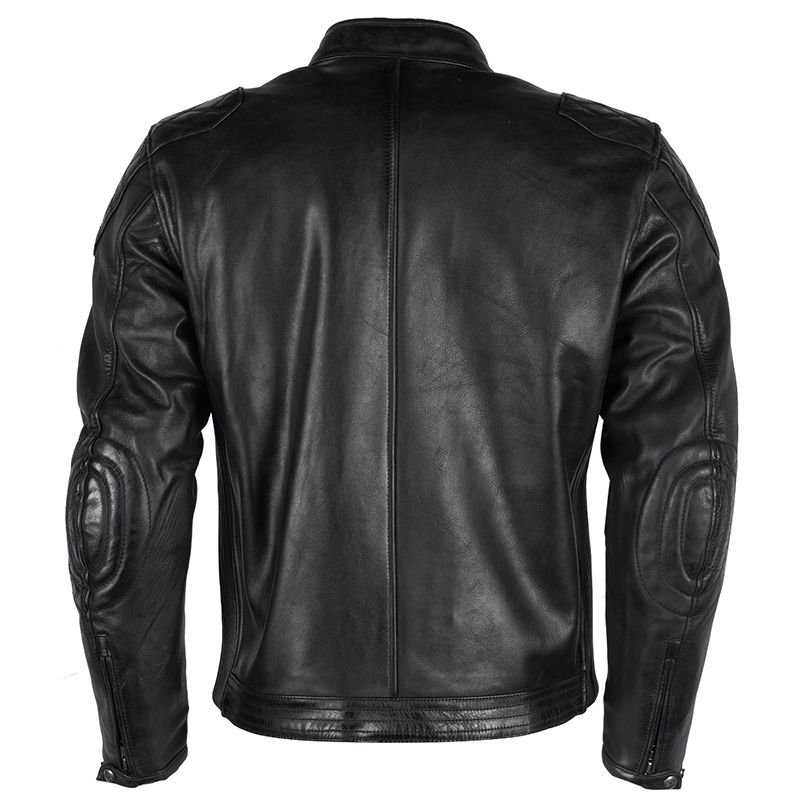 Lush Gear black motorcycle leather jacket showing back view with padded elbows and sleek design