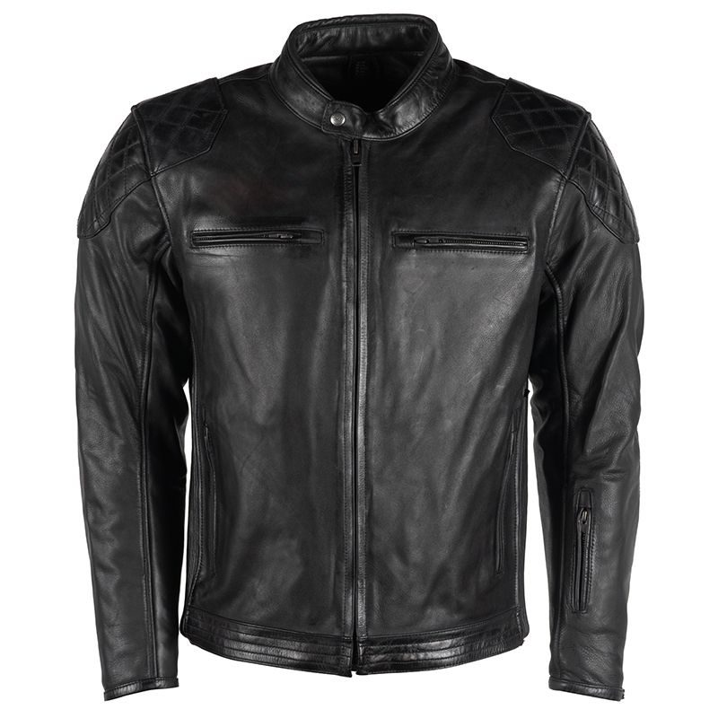 Lush Gear black motorcycle leather jacket with quilted shoulder detailing and front zip pockets