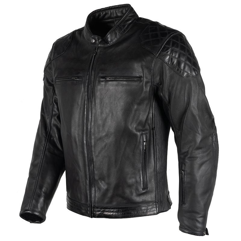 Lush Gear black motorcycle leather jacket with quilted shoulder design and zippered pockets
