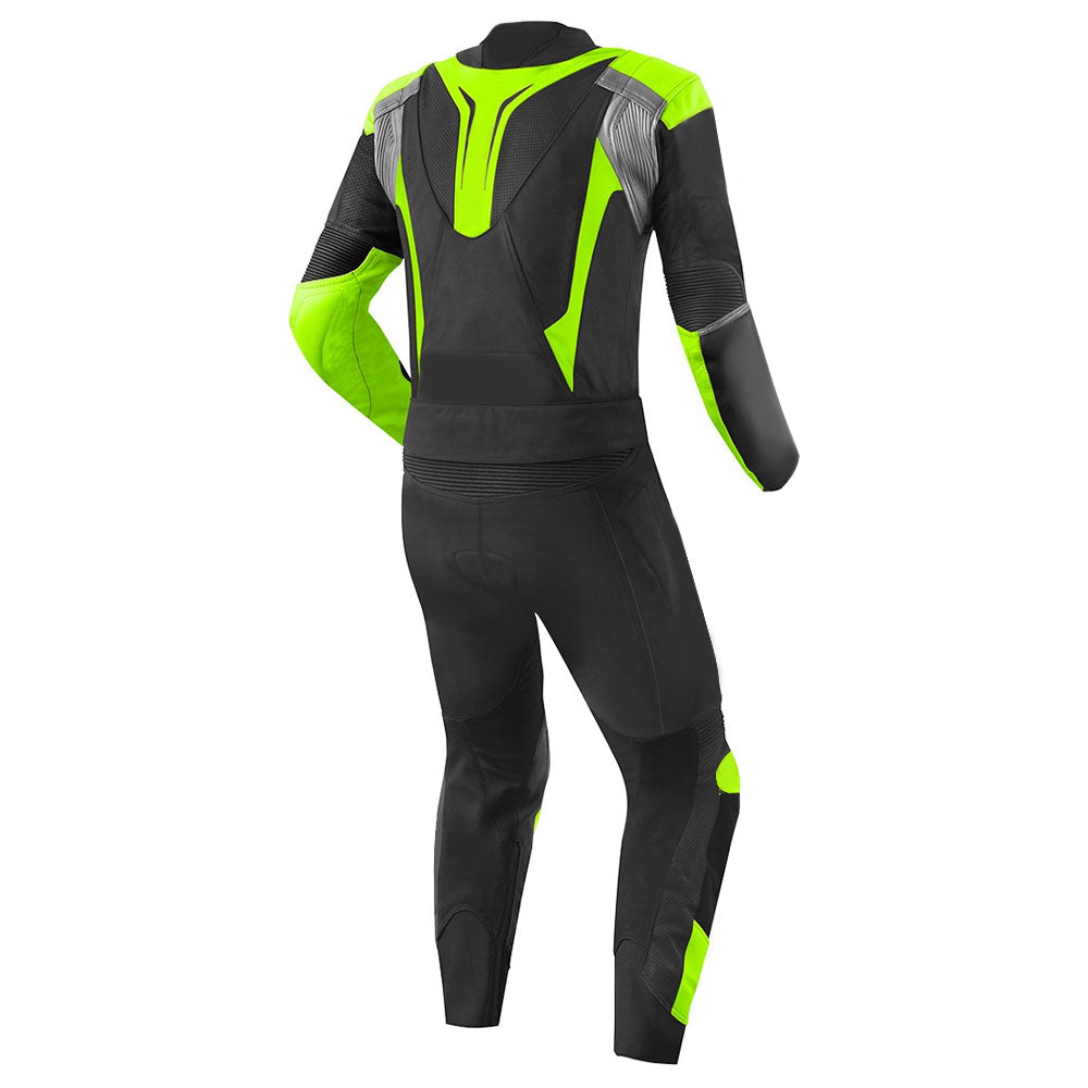 Lush Gear black and neon green motorcycle leather racing suit shown from the back with protective padding