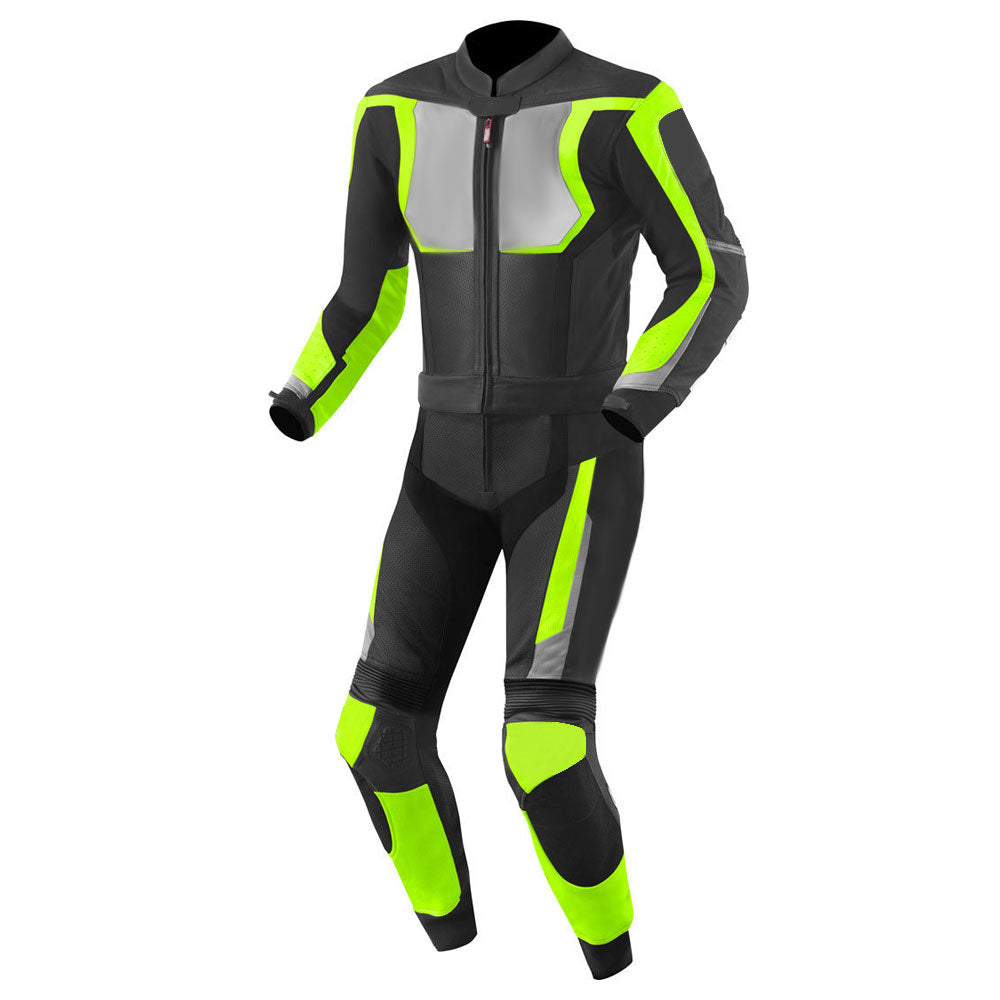 Lush Gear motorcycle leather racing suit in black with neon yellow and gray accents for rider protection