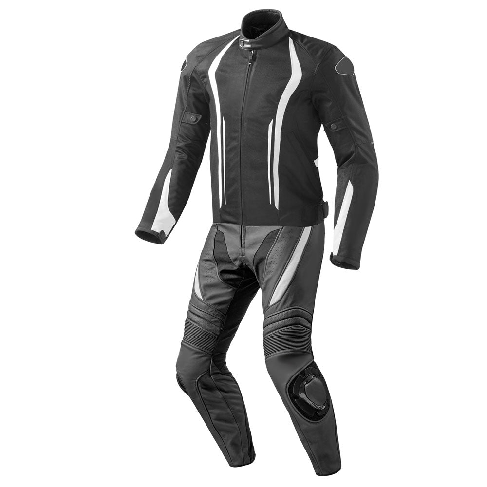 Lush Gear black and white motorcycle racing suit with protective padding and aerodynamic design