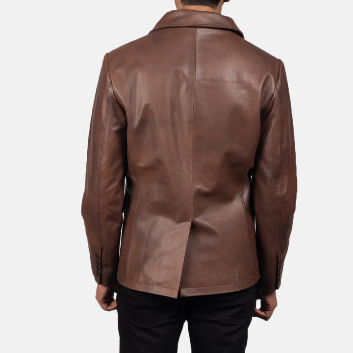 Back view of Mr. Bailey Brown Leather Naval Peacoat by Lush Gear worn by a man with black pants