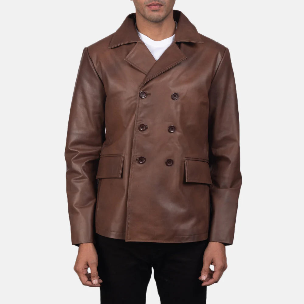 Lush Gear Mr. Bailey Brown Leather Naval Peacoat with double-breasted button design and flap pockets