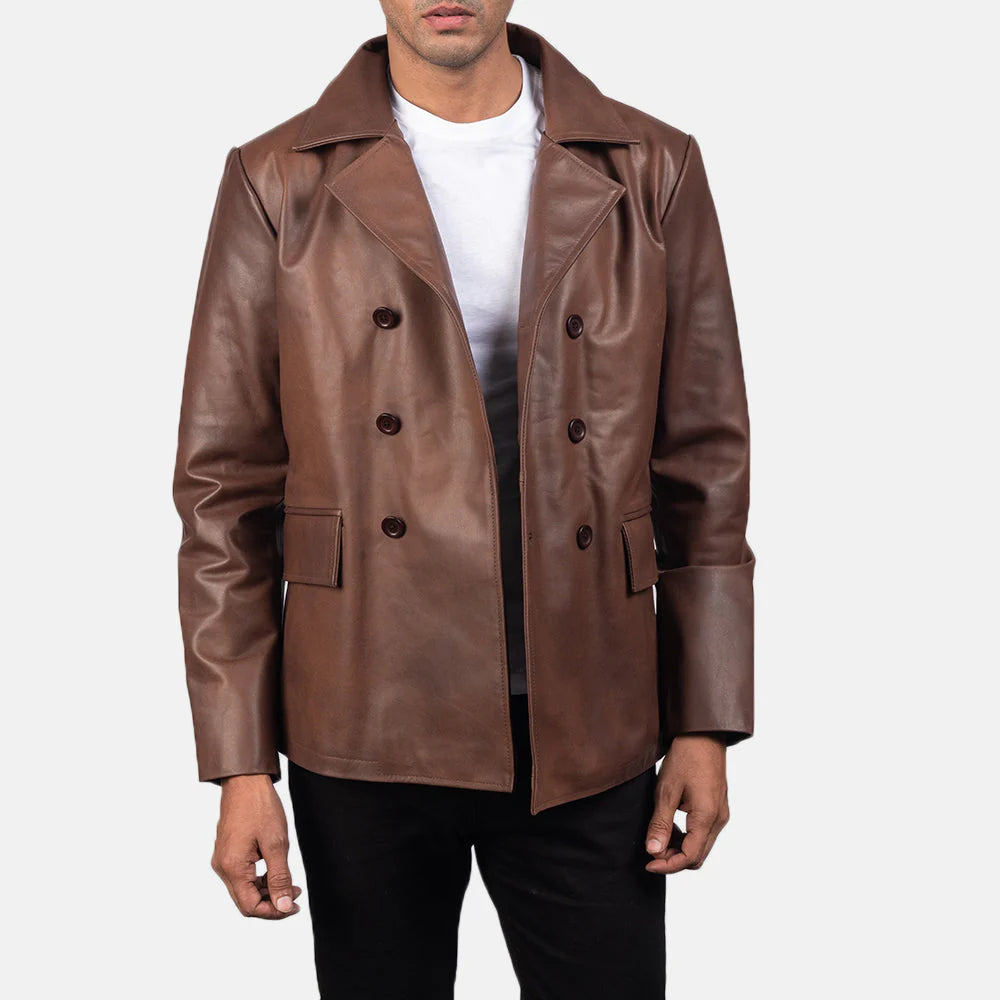 Mr. Bailey Brown Leather Naval Peacoat by Lush Gear with double-breasted buttons and wide lapels