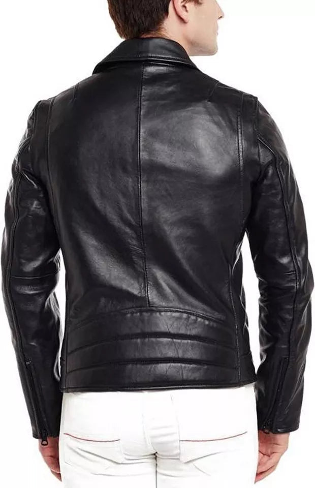 Lush Gear black natural leather biker jacket shown from the back on a model wearing white pants